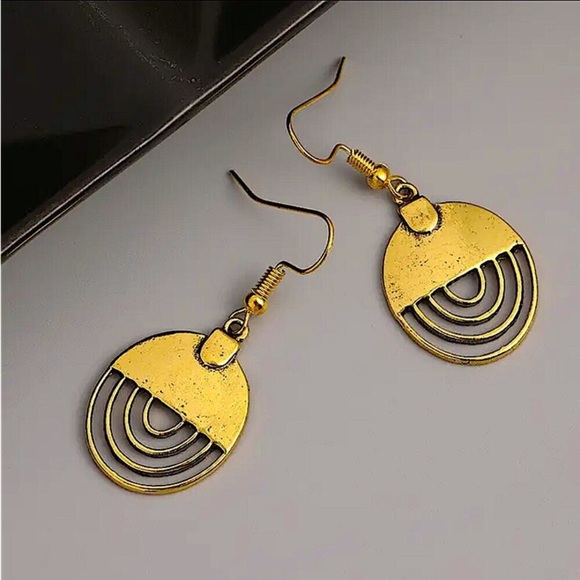Vintage Gold Metal Geometry Circle Dangle Earrings New - Picture 3 of 6